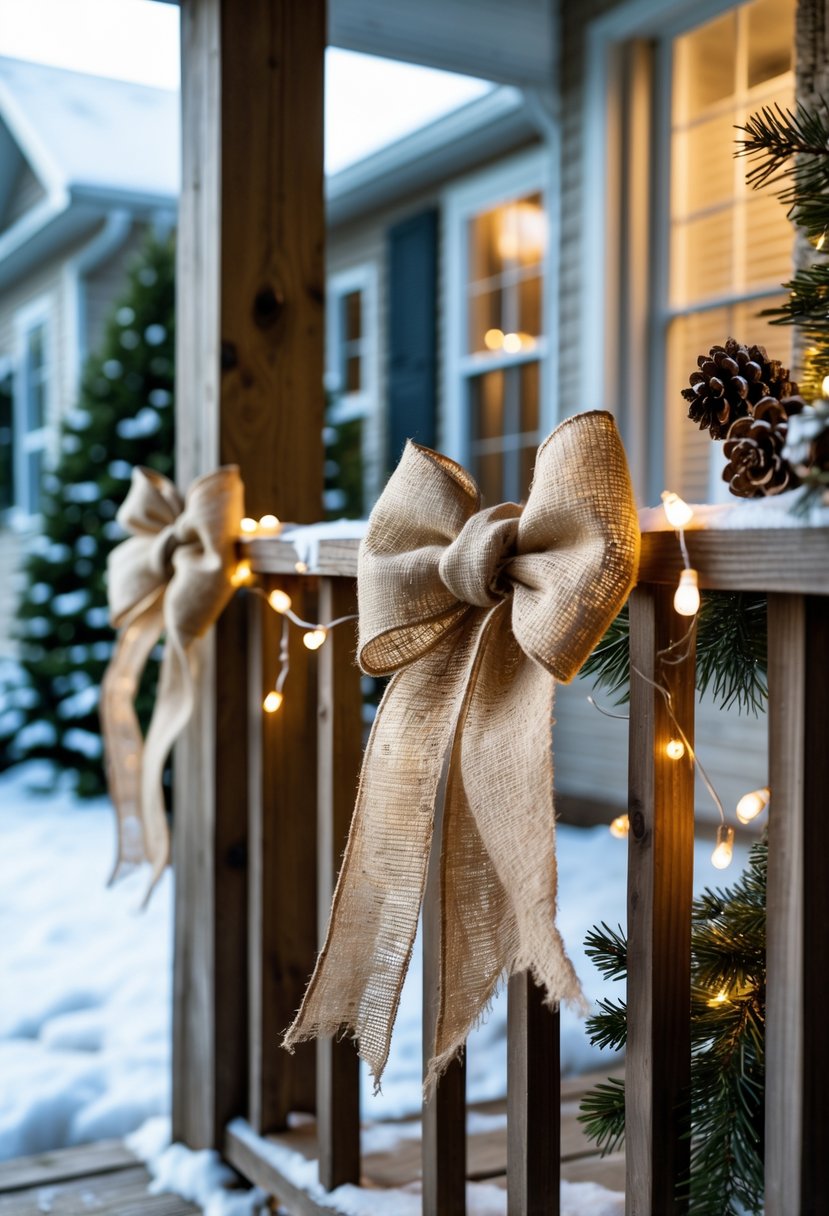 Natural burlap ribbons tied in bows around wooden porch railings decorated with pine cones and evergreen branches in a snowy winter setting.